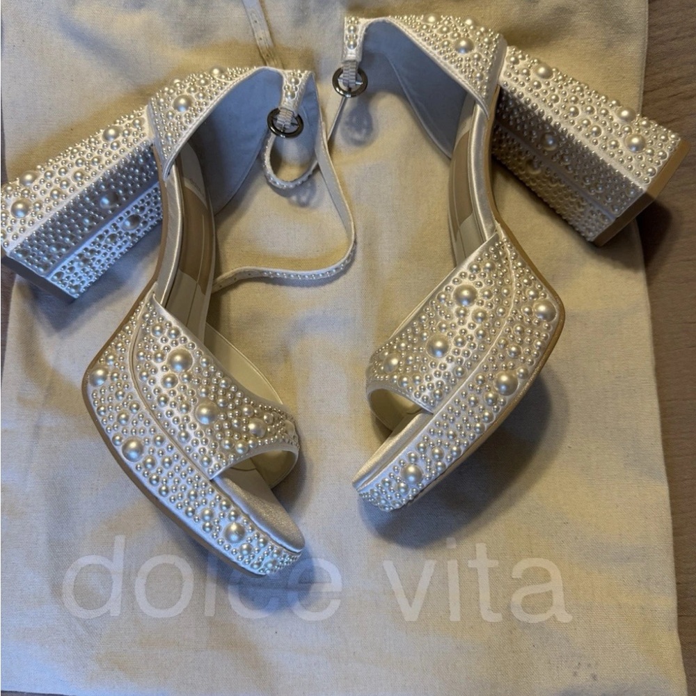 Dolce Vita Ivory Pearl-Embellished Block Heel Sandals